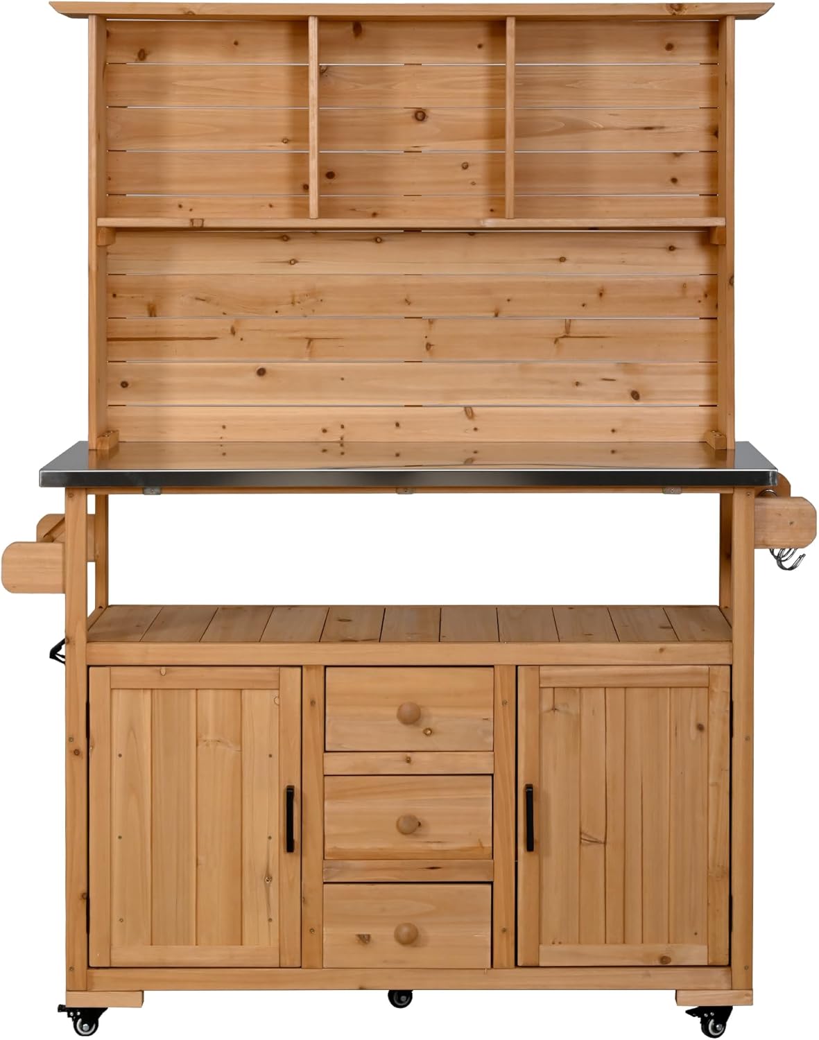 65" H Outdoor Potting Bench Table with Stainless Steel Top, Rolling Garden Potting Table with 3 Drawers and Hutch, Outdoor Kitchen Island on Wheels with Door Shelves for Grilling, Natural