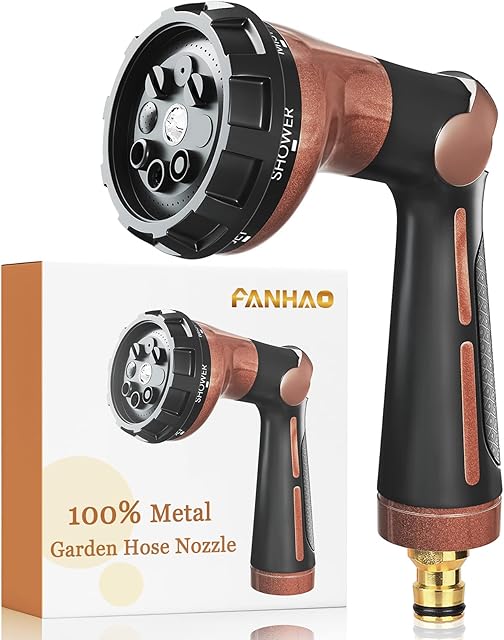 FANHAO Hose Pipe Spray Gun, 100% Heavy Duty Metal Hose Spray Gun with 8 Spray Patterns, High Pressure Garden Hose Nozzle with Thumb Control for Watering Plants & Lawns, Washing Cars & Pets, Brown