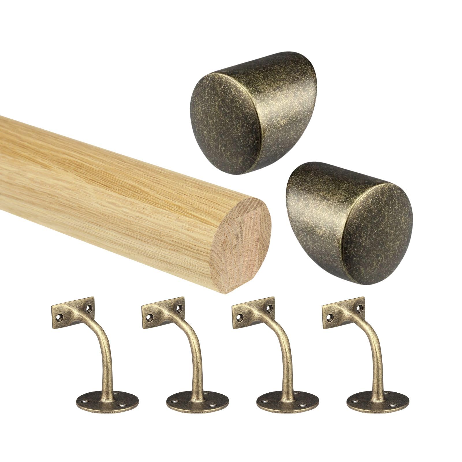 Oak Round Mopstick Handrail Kit with Wall Brackets & Forge End Caps – 1800–4200mm, Chrome/Black/Brushed Nickel/Antique Brass (Antique Brass, 3600mm)