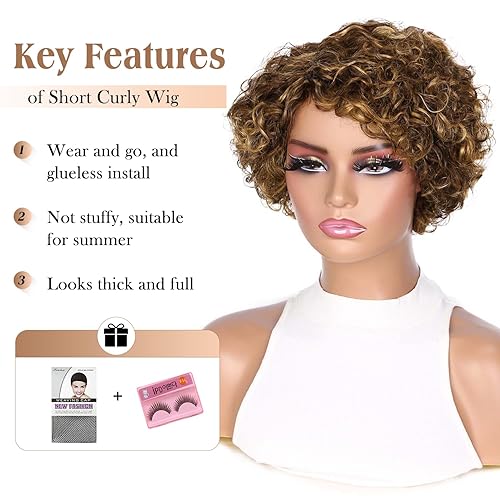 Miniatura 3 de Hanne Fashion Peluca de cabello humano corto y rizado para mujeres negras, pelucas rizadas con corte Pixie, peluca de cabello humano Remy brasileño,