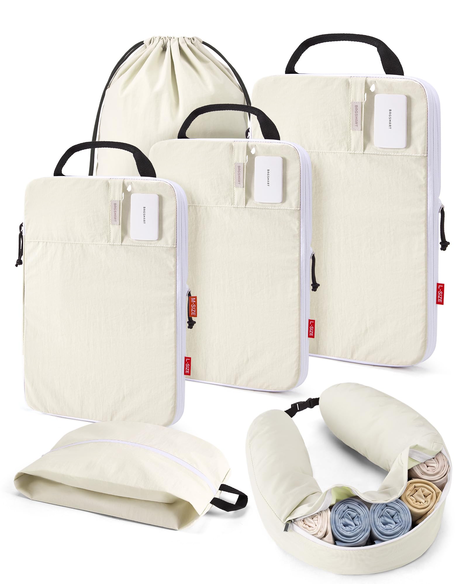 6 Set Compression Packing Cubes with Fillable Neck Pillow