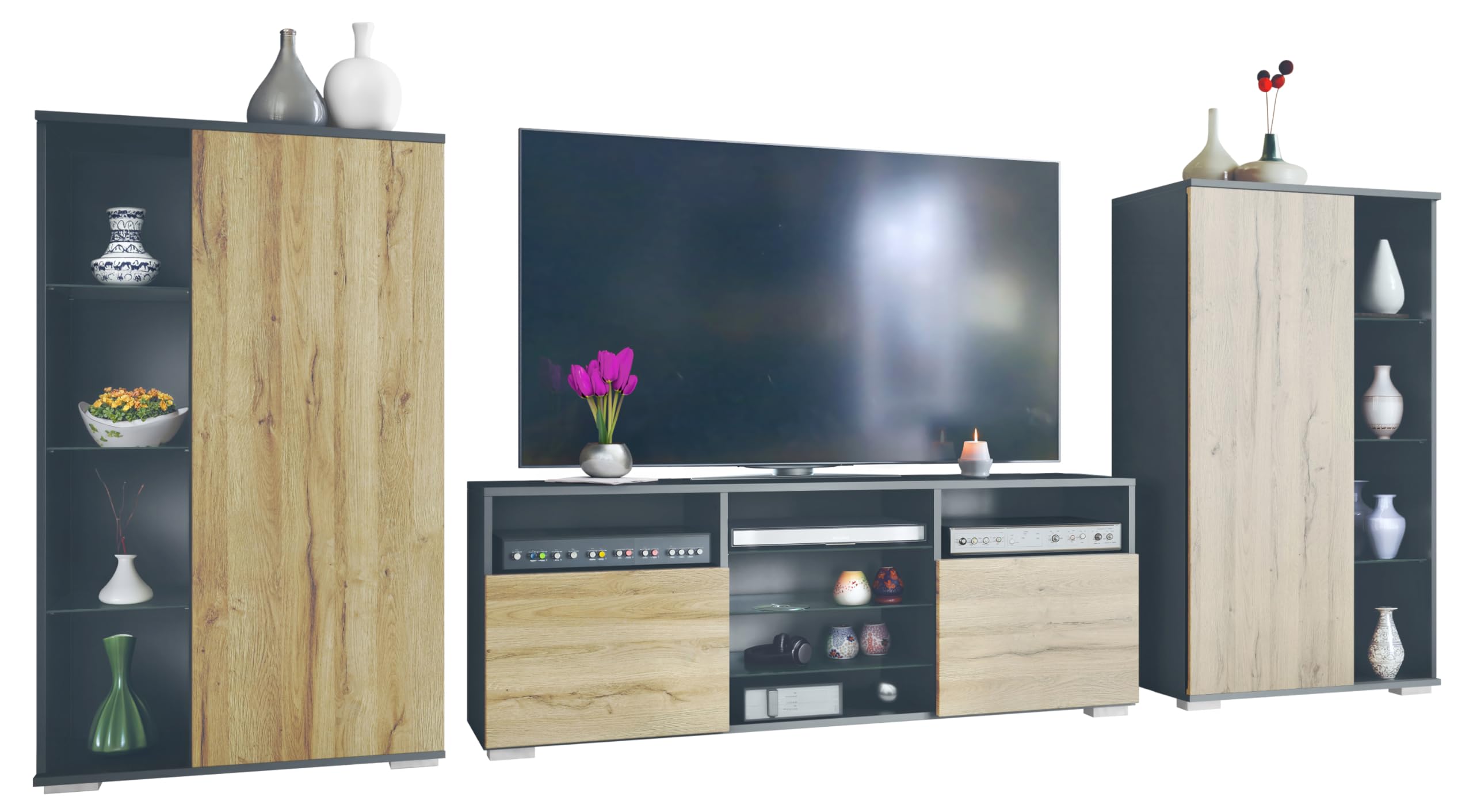 Vladon Wohnwand Davos, Anbauwand bestehend aus 2 Vitrinen und 1 TV-Board, Anthrazit matt/Eiche Natur (329 x 134 x 35 cm)