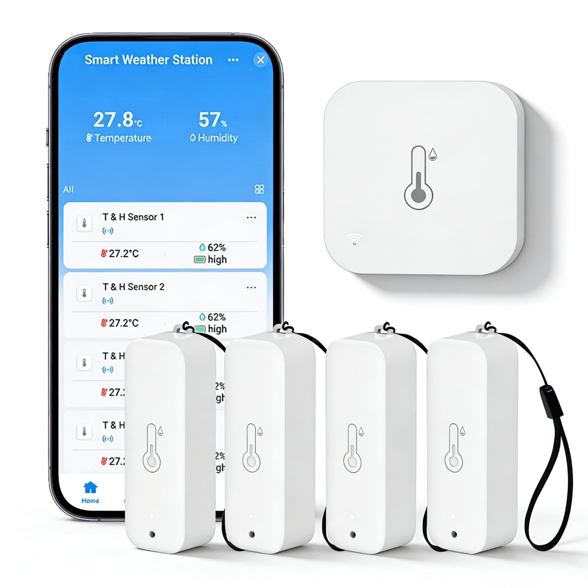 WiFi Hygrometer Thermometer Indoor Outdoor: Smart Temperature and Humidity Sensor with App Notification and Data Storage, 150m Range, Compatible with Alexa, 4 Sensors +1 Base Station