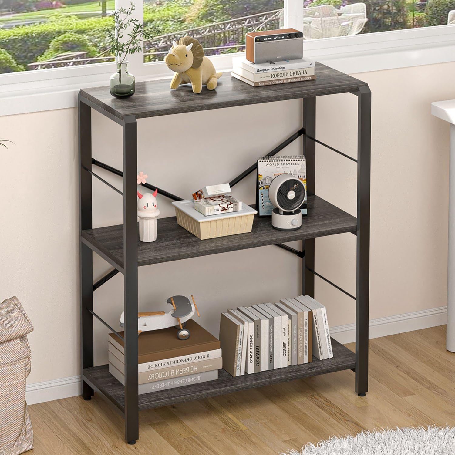 (INCOMPLETE) FOLUBAN Industrial Small Bookshelf, 3 Tier Low Short Book Shelf, Metal and Wood Bookcase for Small Spaces, Bedroom Living Room, Dark Gray