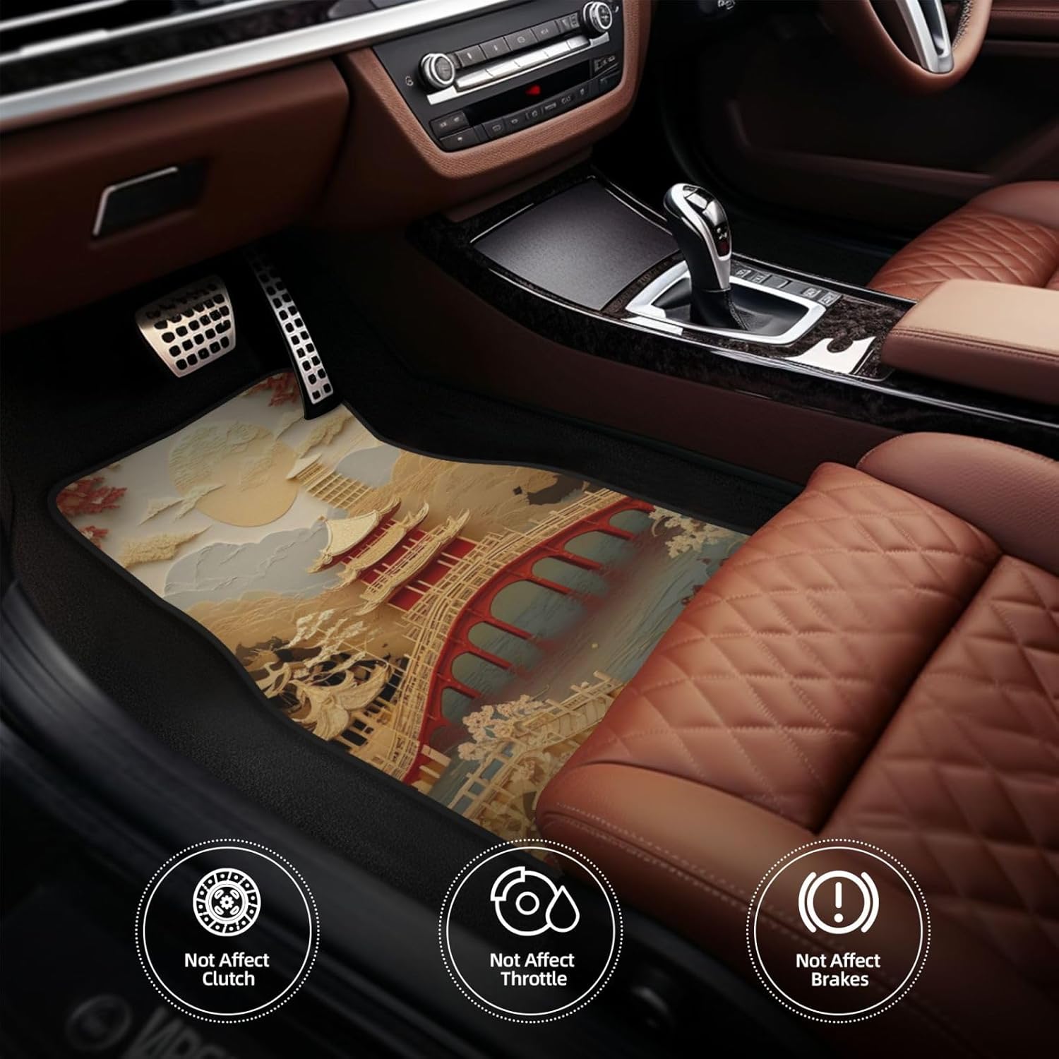 Artistic Fabric Car Floor Mats-Asian Palace,Non-Slip Rubber Backing,Front (26.8x17.3in) & Rear (13x17.3in) Set - Water Absorbing, Durable Automotive Floor Liners with Stylish Patterns - Image 3