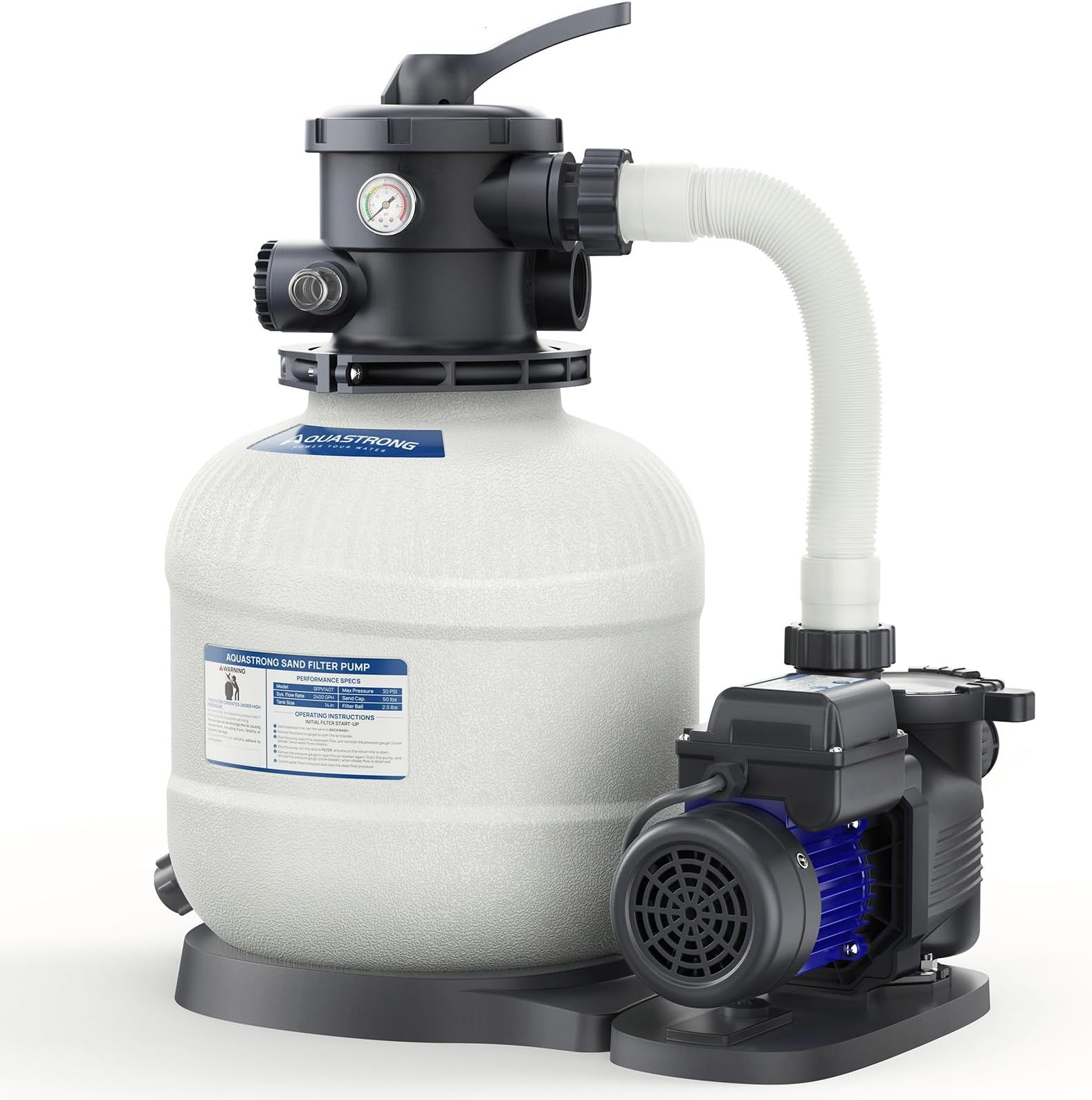 AQUASTRONG Sand Filter Pump for Above Ground Pool with Timer, 2/3 HP Pool Pump 3000 GPH for Pools up to 13000GAL, 14in Pool Sand Filter with 6-Way Valve, Improved Circulation for Crystal-Clear Pool