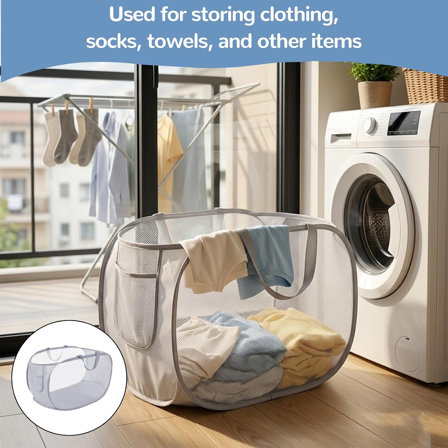 Mesh Pop Up Laundry Hamper, Foldable Basket with Side Pocket Grey