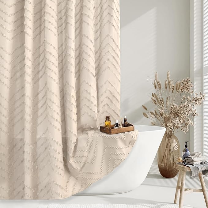 Beige Boho Shower Curtain 72 x 72 Modern Farmhouse Shower Curtain Bohemian Chic Tufted Chevron Textured Striped Minimalist Shower Curtain Woven Fabric Cute Beige/Cream Shower Curtain