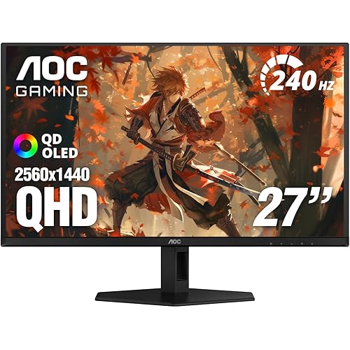 AOC 27" QD OLED Gaming Monitor, QHD 2560x1440, 240Hz, 0.03ms GtG, G-SYNC Compatible, HDR Ready, DisplayPort, HDMI, VESA Mountable, Console Gaming Ready, Q27GAZD