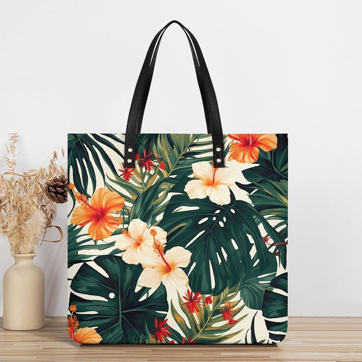 Hawaiian Flower Palm Leaves Tote Bag with Magnetic Buckle Reusable Grocery Bags Lightweight Cross Body Handbag for Daily Essentials