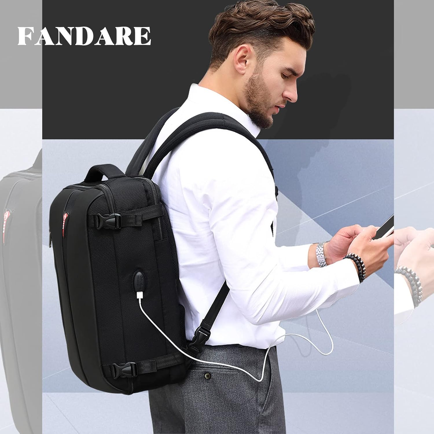 FANDARE Men's 15.6 Inch Laptop Backpack for Travel & Business & Daily Use USB Charging Port & Anti-Theft Password Lock Large Capacity & Water-Resistant Polyester Black