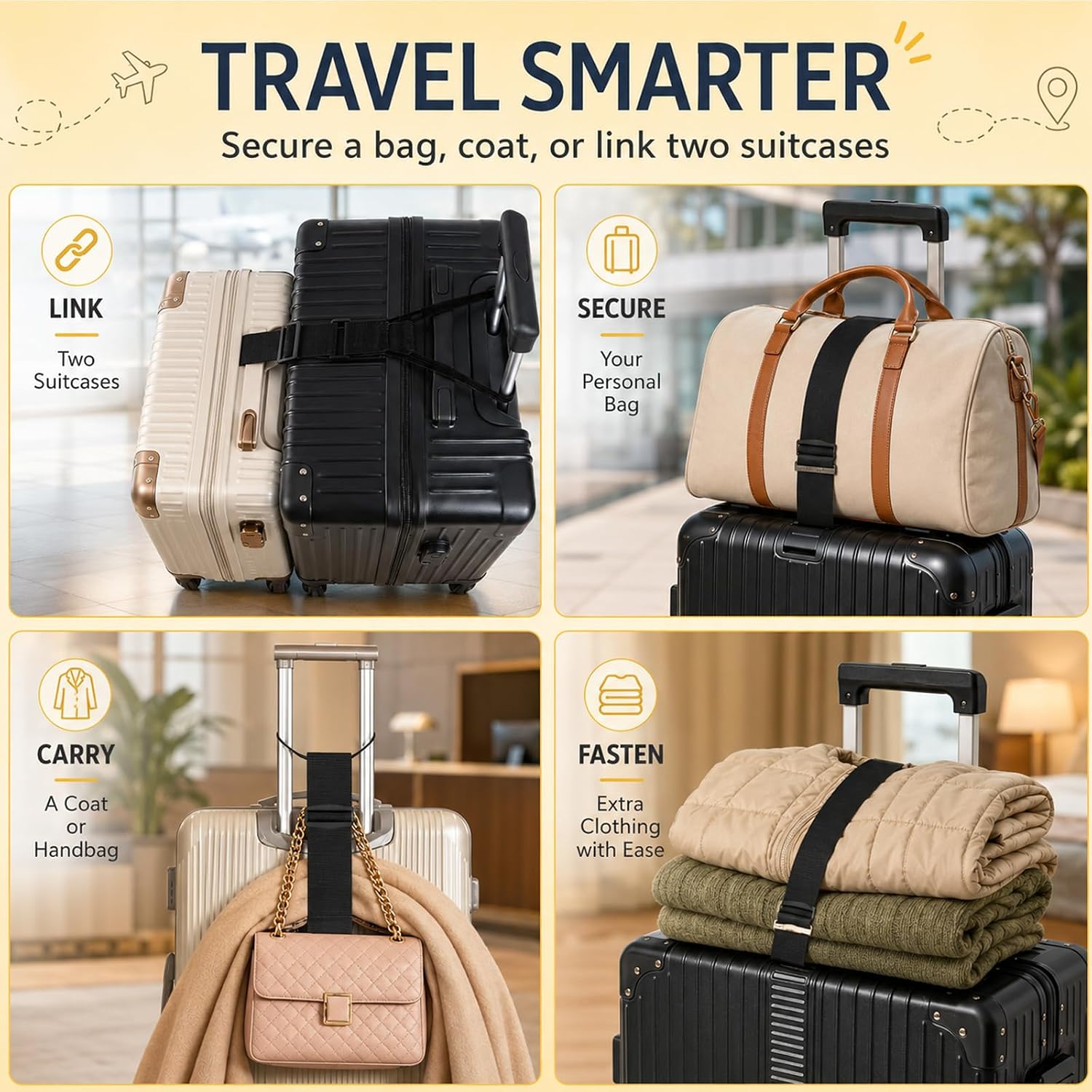 4PCS Luggage Straps For Suitcases,Adjustable Luggage Straps with Heavy-Duty Elastic Bands, Multi-Use Adjustable Luggage Connector Straps for Connecting Multiple Suitcases,Hands-Free Airport and Travel