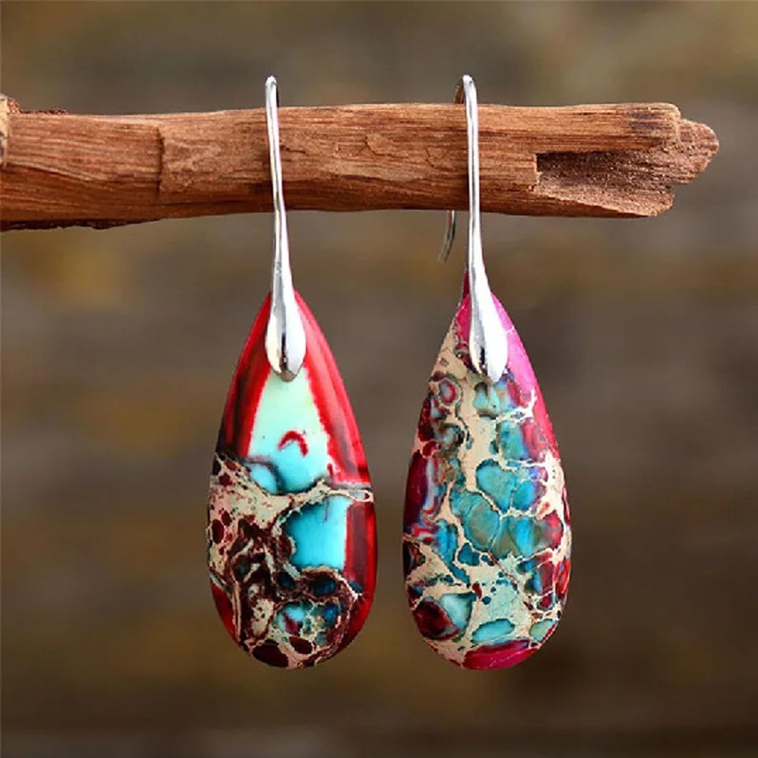 Natural Healing Stone Fishhoop Dangle Drop Earrings, Statement Teardrop Gold Earrings Boho Waterproof Hypoallergenic Colorful Emperor Stone Dangle Vintage Jewelry - Image 4