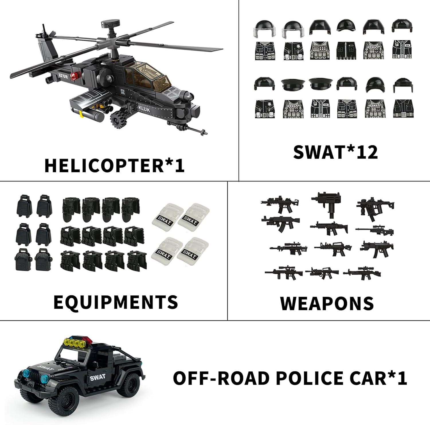 Black Hawk Helicopter & SWAT Truck Police Military Building Block Set, with 24 Soldiers Figures, Compatible with Lego 853792 Accessory, Weapons Accessories