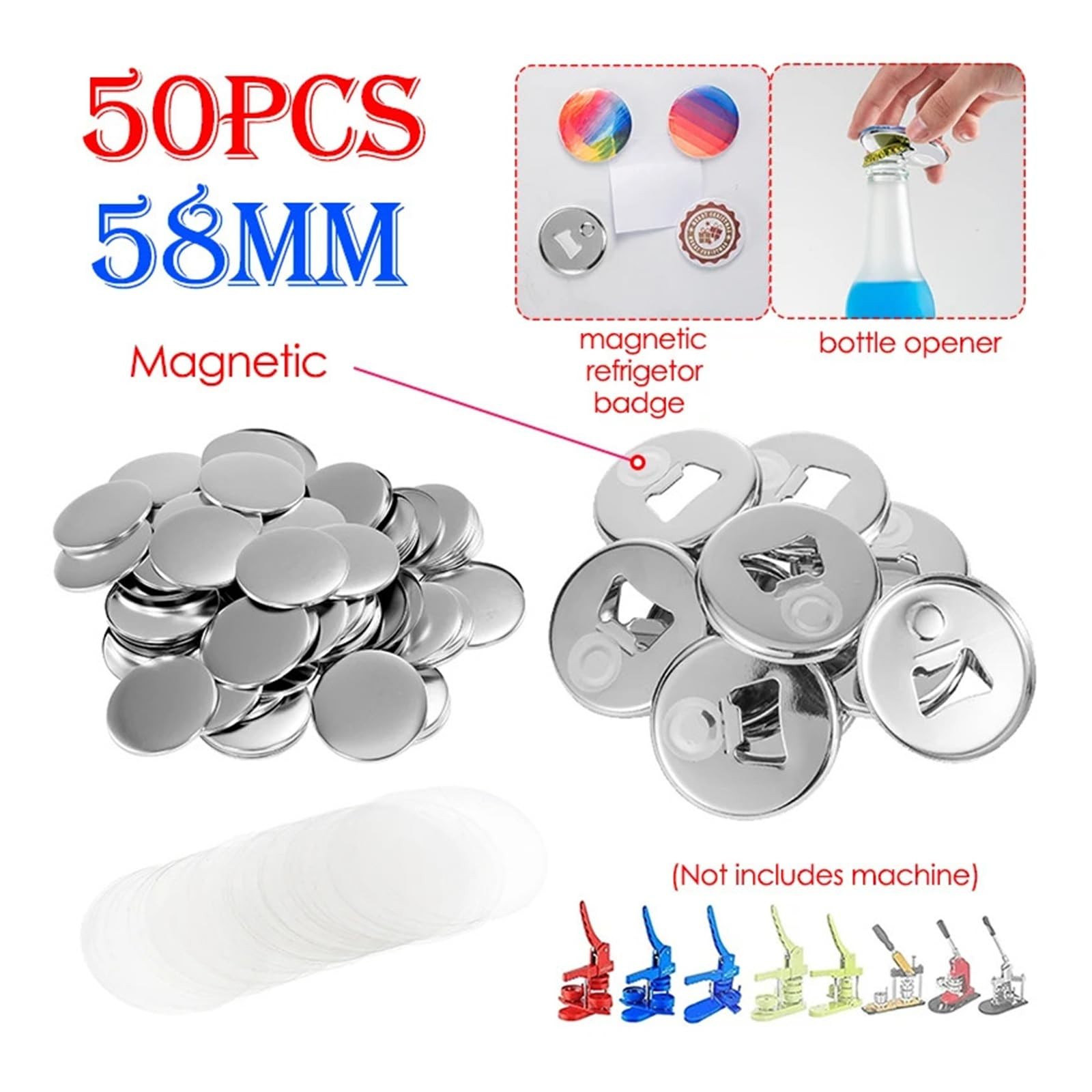 Lot de 100 badges magnétiques de réfrigérateur et décapsuleur de bière 2 en 1 58 mm, pièces de fabrication for machine à badges et boutons, accessoires Polyvalent