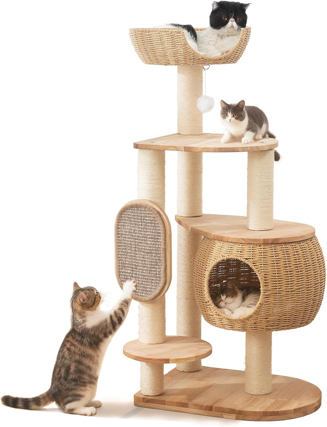 Modern Cat Tree，Cat Tower with Scratching Post, Handwoven Pumpkin Nests and Baskets,Sisal Blanket