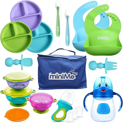 Lovely Minime Juego de alimentación para bebés, cucharas de baberos de placas de silicona, utensilios de alimentación para niños pequeños,