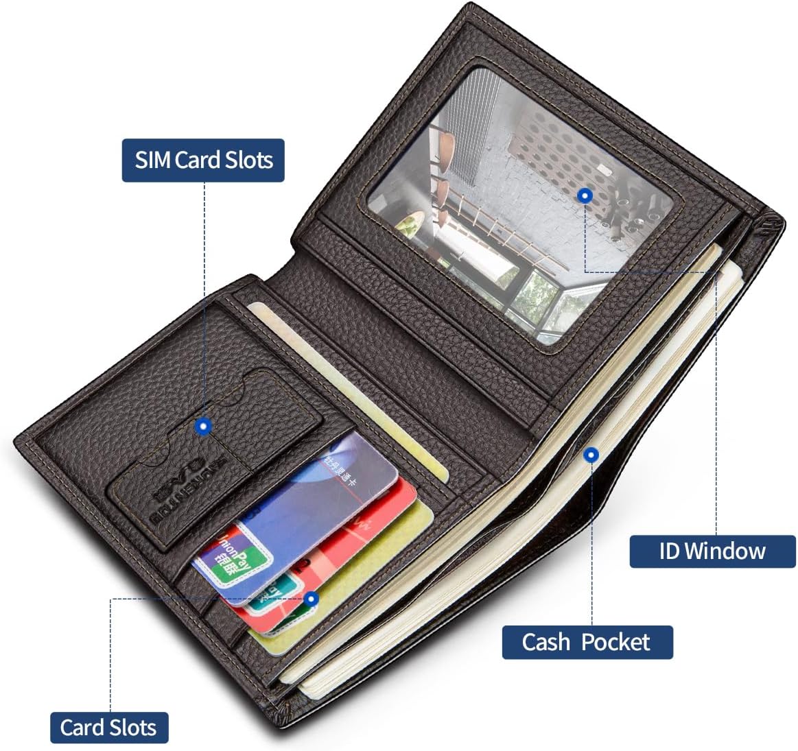 LAORENTOU Wallet for Men Genuine Leather Bifold Stylish Wallet with ID Window Credit Card Holder (dark brown)