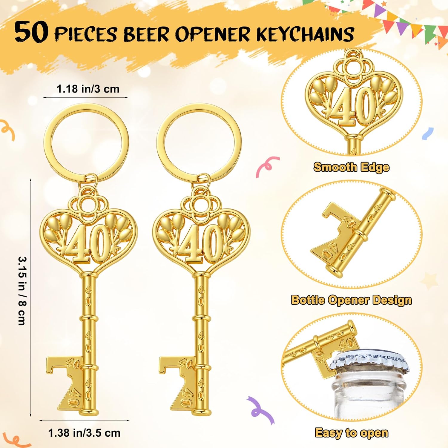 Misdary 50 Sets Birthday Party Favors for Guests Included Bottle Openers Beer Opener Keychains Thank You Tags with Organza Bags and Rope Adult Birthday Party Favor Souvenirs Gift Supplies(40th)