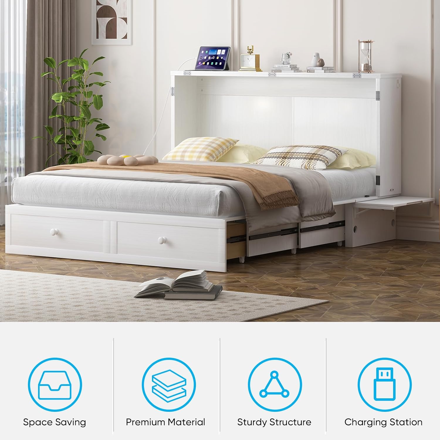 Mjkone Queen Murphy Bed Cabinet, Wall Murphy Bed with Tri-Fold Memory Foam Mattress, Modern Cube Cabinet Beds with USB Charging Station & 2 Large Storage Drawers for Living Room Apartments, White