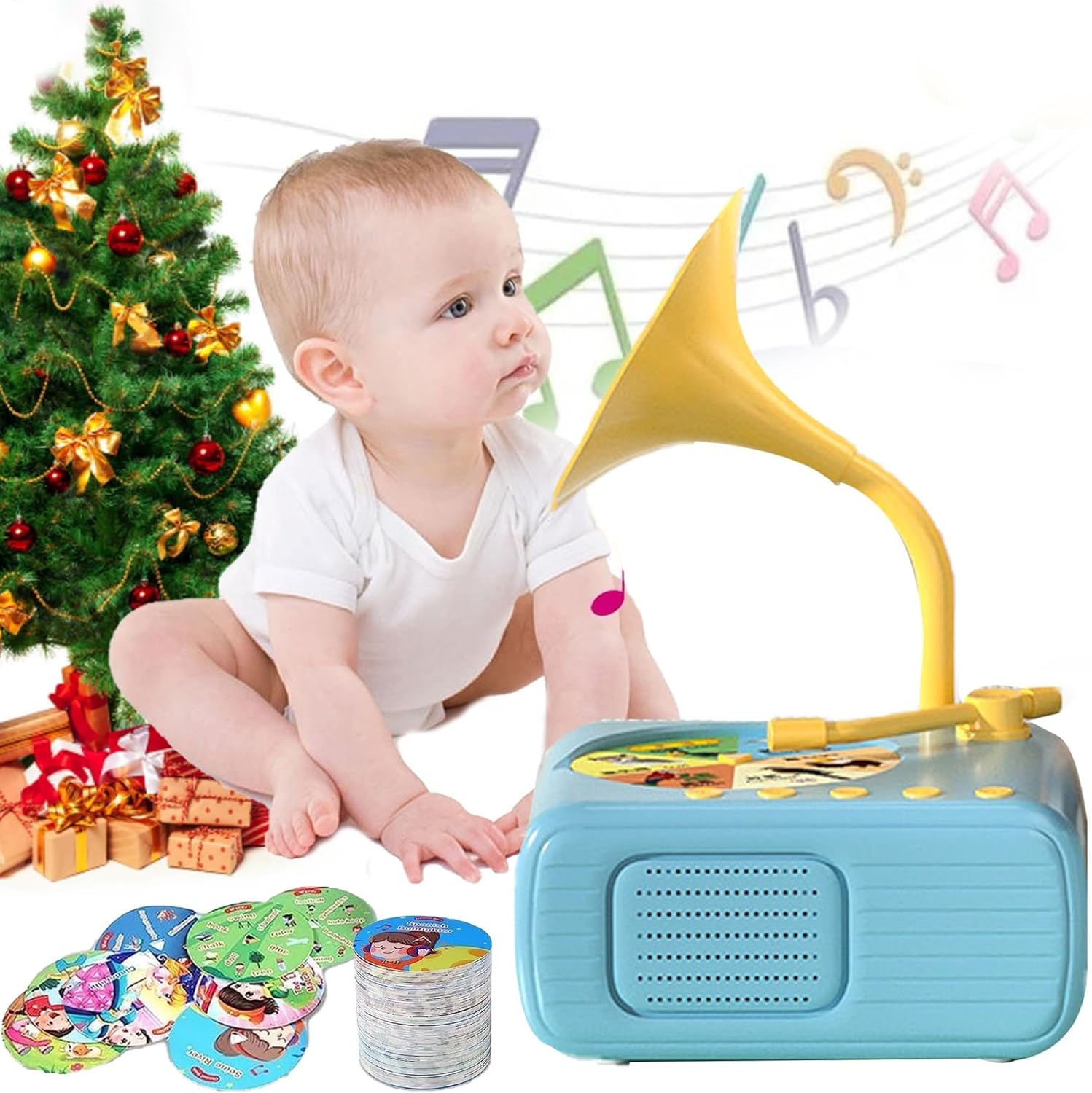 Kids Gramophone with 96 Cards, 2025 New Educational Music Player Interactive Learning Toy Children’ Stories Songs Player DIY Recorder Toddle Storyteller Sleeping Gift for Boys and Girls(Blue)