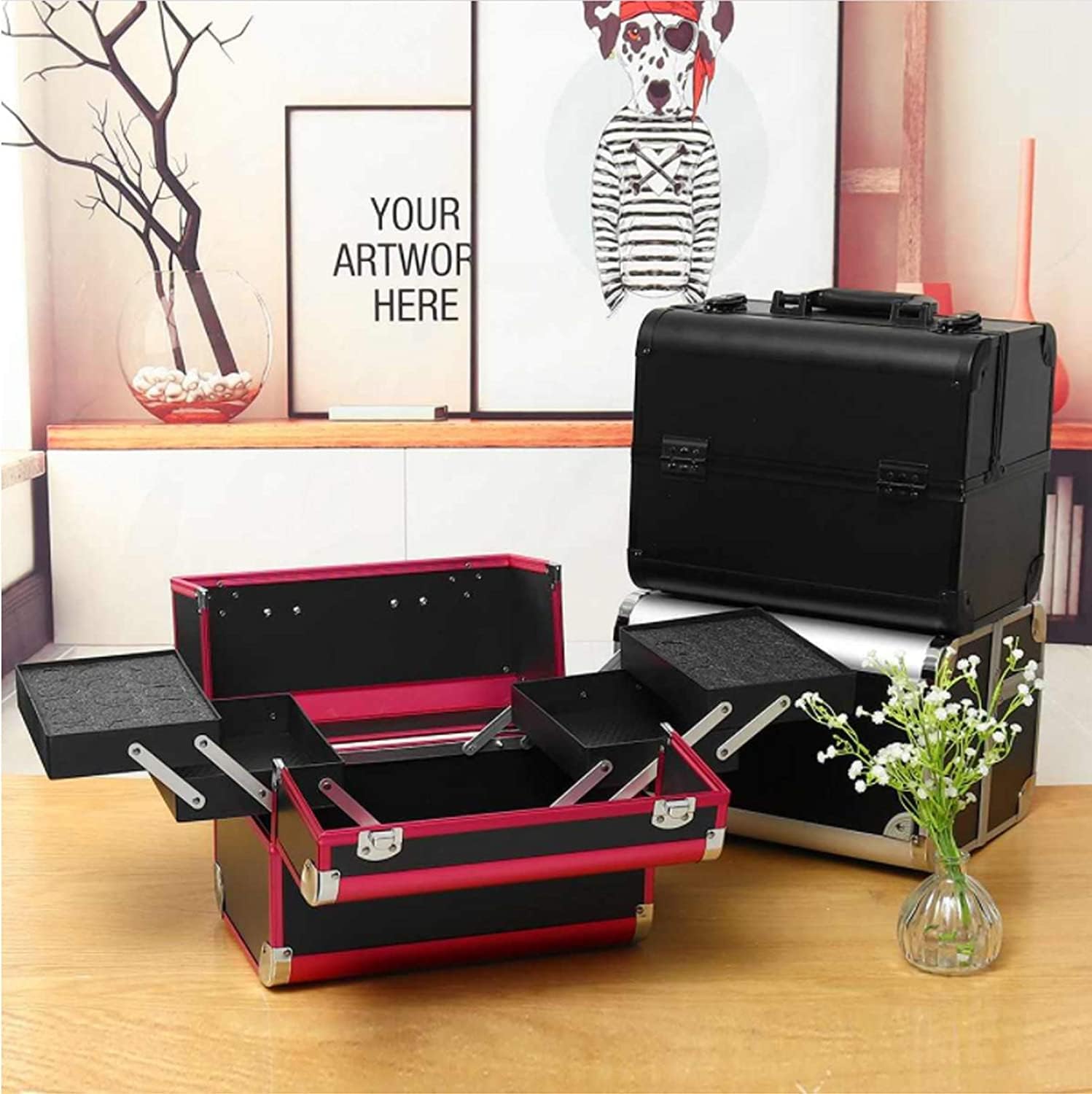 Adson Professional Makeup Box Cosmetics Case Jewelry Organiser Vanity Make Up Storage Box Beauty Train Case Lockable with Keys (Black & Pink) 32x21x26cm - Image 3 thumbnail