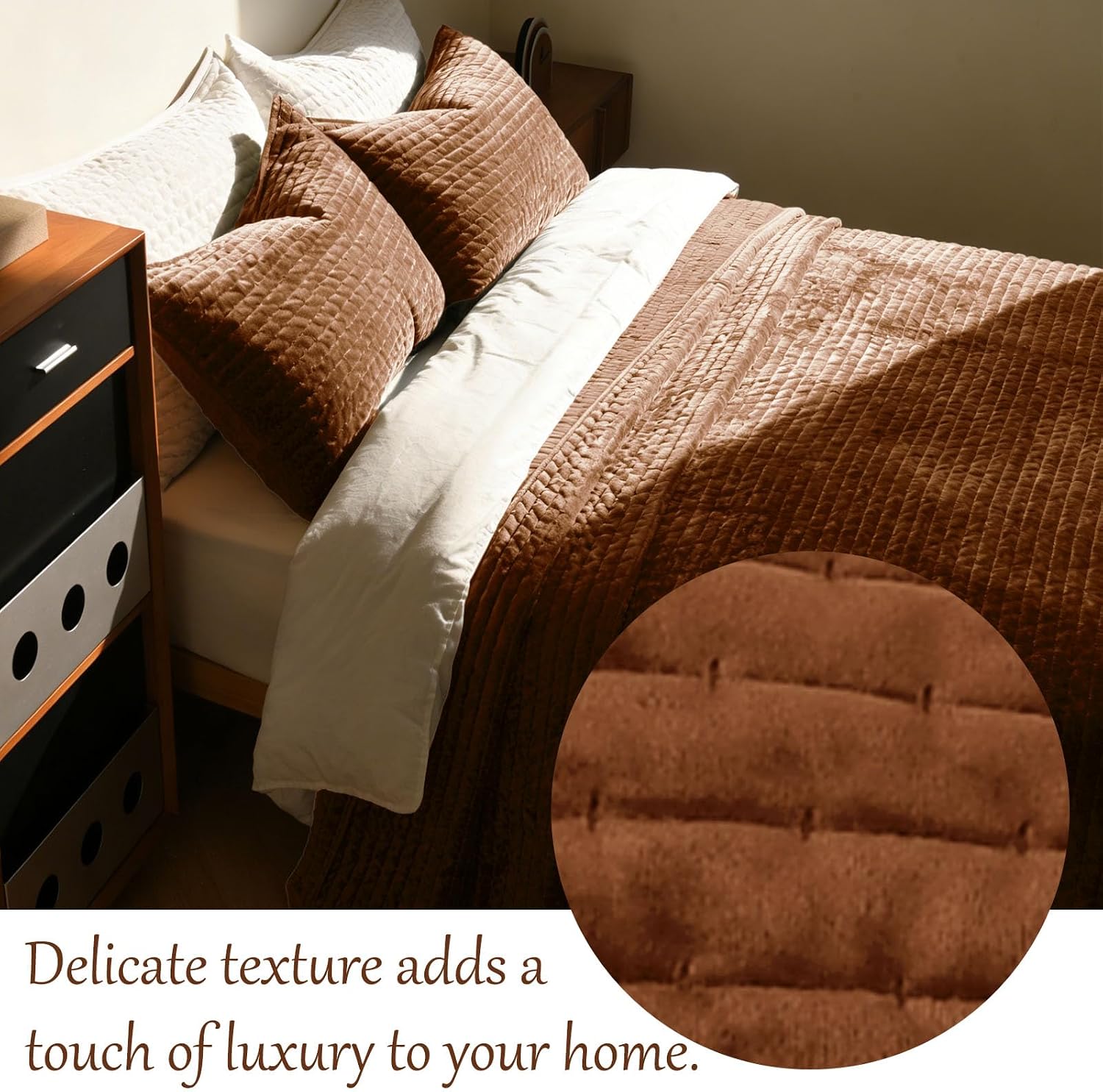 Oversized King 120"x128" Quilt Set Luxury Velvet Bedspread 3 Piece Quilted Coverlet Set with 2 Matching 20x36 Pillow Shams Ultra Soft All Season for Farmhouse Guest Room,Caramel