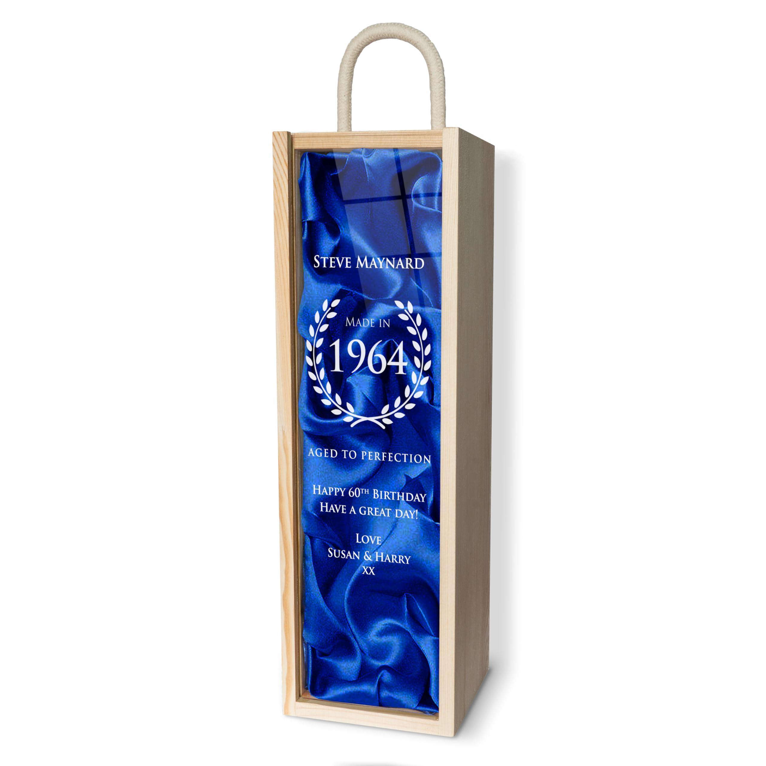 iCaseDesigner Engraved Personalised Wooden Wine Box with Acrylic Slide Lid & Blue Silk Lining - Aged To Perfection