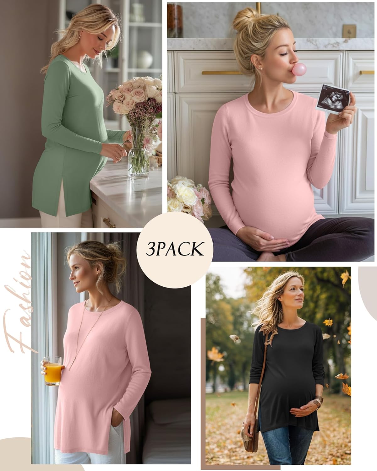 Riyiper 3 Pack Women's Maternity Shirts Split Side Crew Neck Pregnancy Lounge Tee Tops Long Sleeve Loose Fit Pajamas Clothes