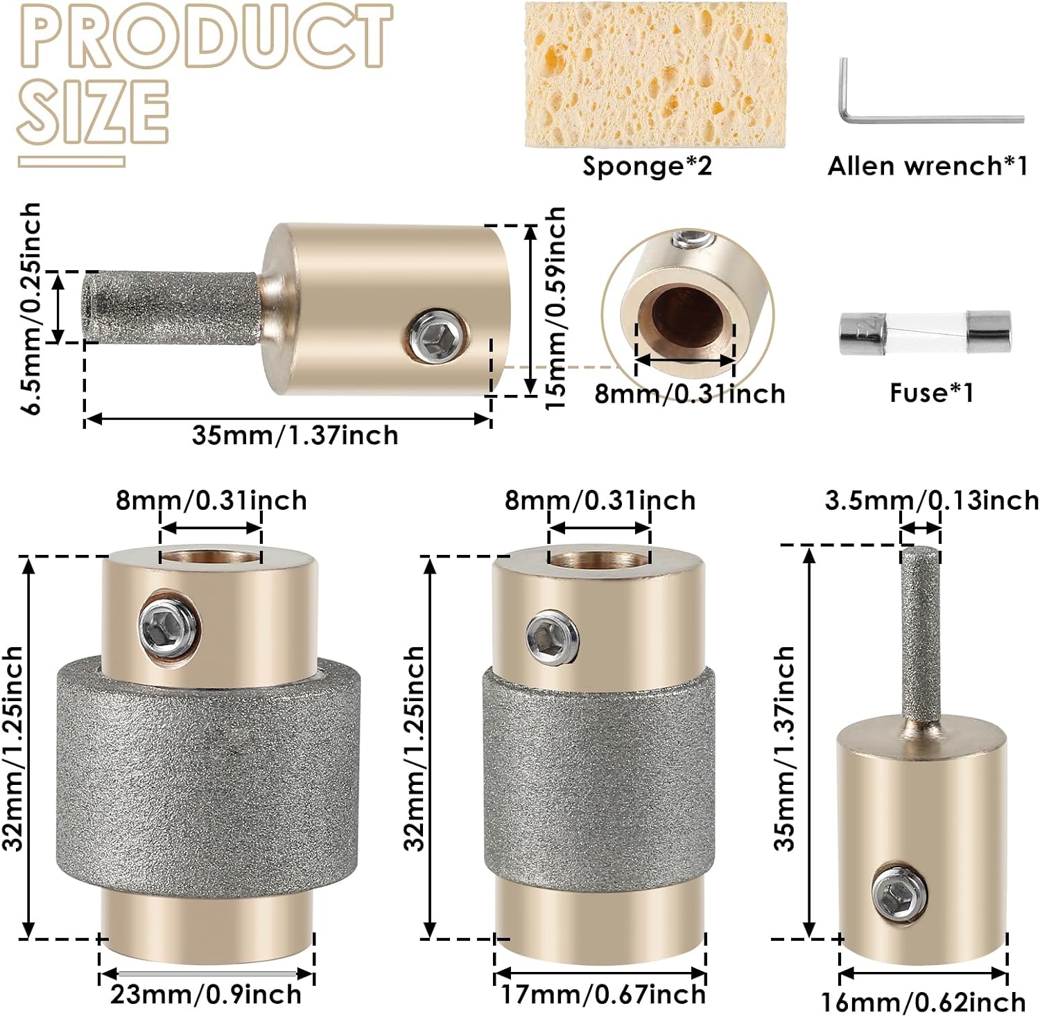 Stained Glass Diamond Grinder Bit Head Tool Set, 1" 3/4" 1/4" 1/8" Standard Brass Grit Grinding Bit, Wear-Resistant Ceramic Tile Abrasive Head Tool for Stained Glass Stone (8Pcs/Set)