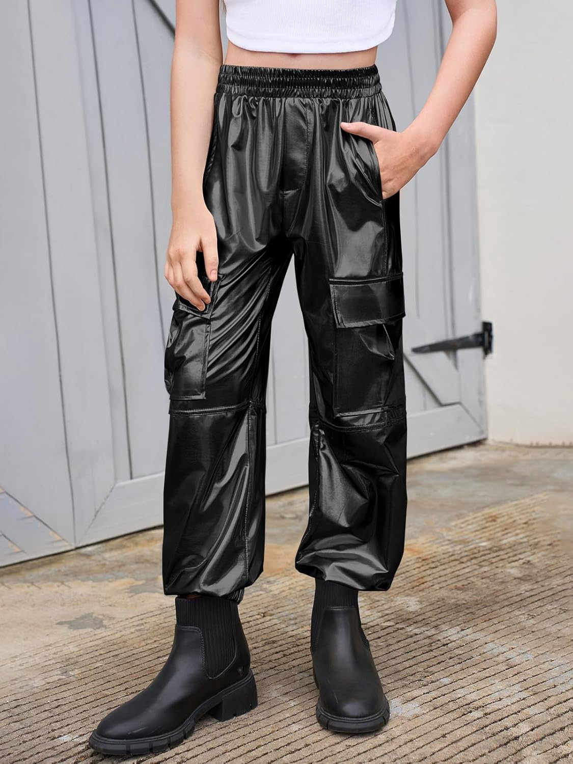 Haloumoning Girls Metallic Cargo Jogger Pants Kids Sparkly Hip Hop Dance Outfits High Waist Pants 5-14 Years - Image 2