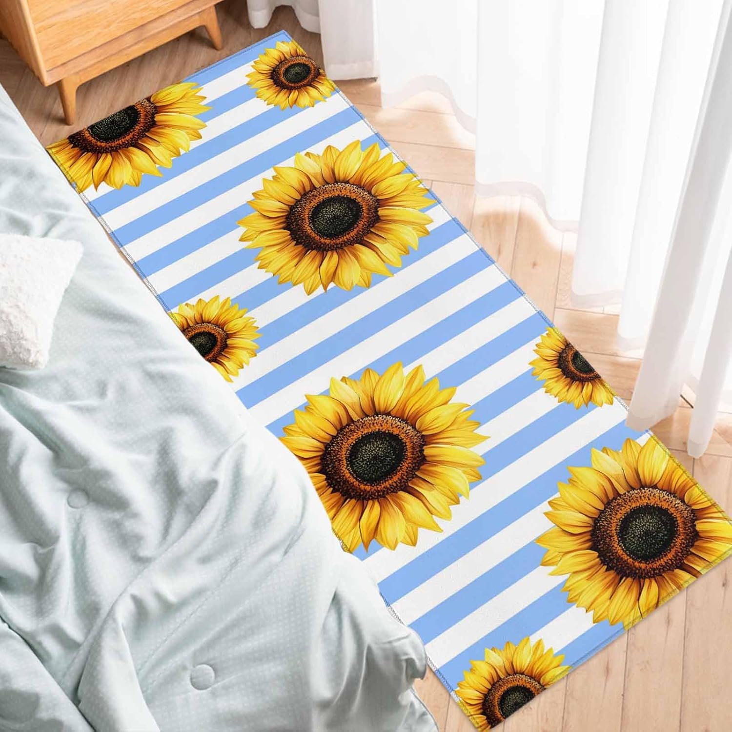 2 Pieces Kitchen Rugs and Mats,Rustic Pastoral Sunflower Area Runner Rug Set Non Slip Floor Doormat Washable Carpet Standing Mat for Kitchen Sink Indoor Corridor,Minimalist Blue White Line