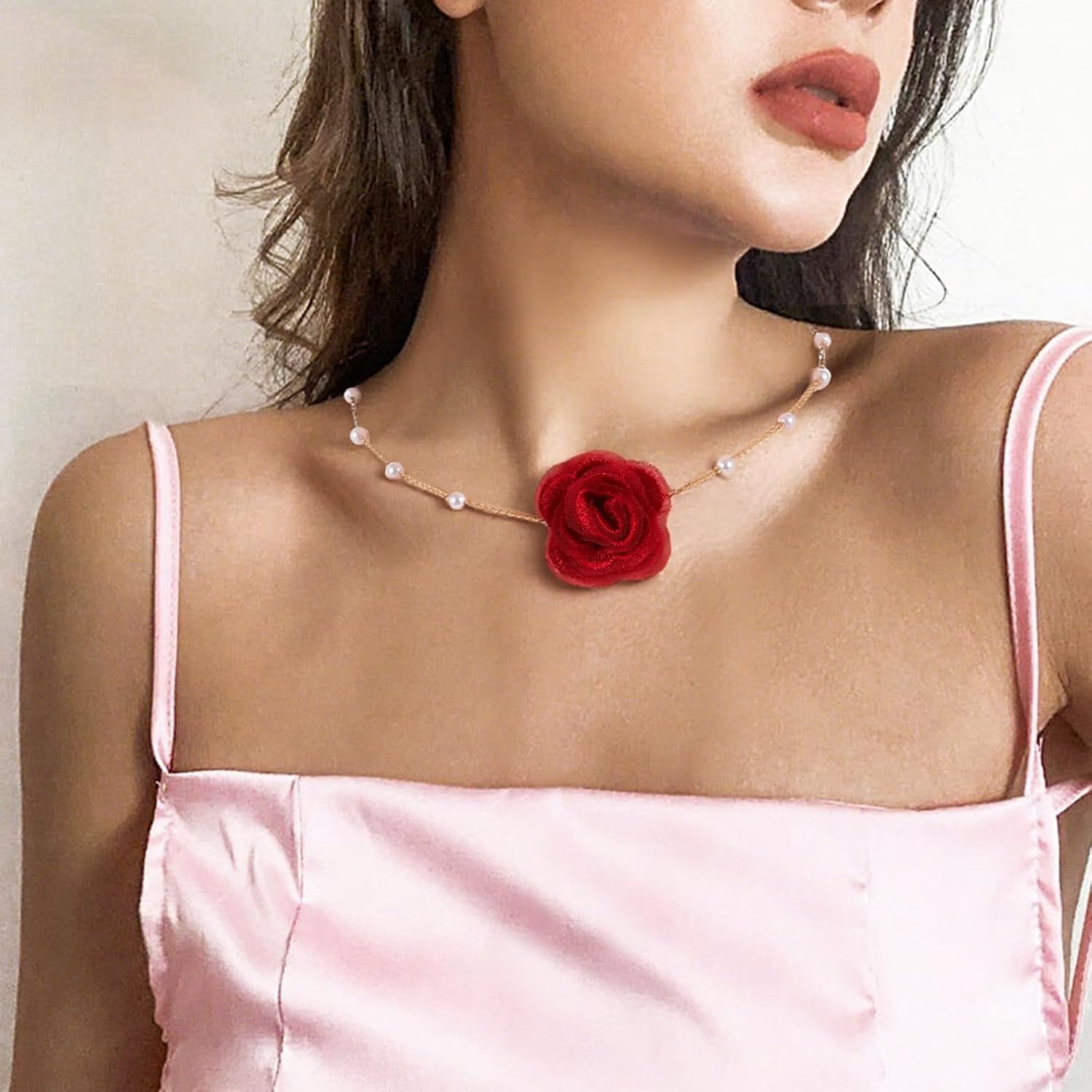 Vintage Flower Choker Necklaces for Women, Rose Necklace with Faux Pearl Handmade Adjustable Rosy Floral Choker Red Necklace for Women Party Prom - Image 7