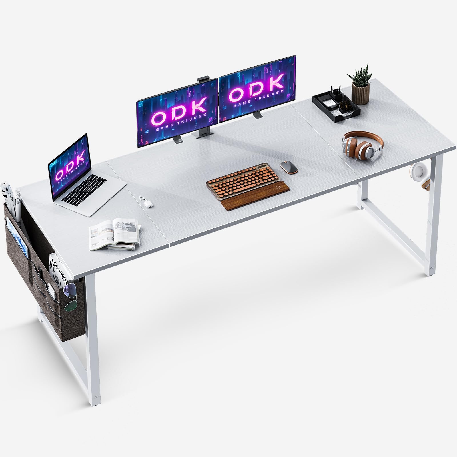 ODK Escritorio de Ordenador, Mesa de Estudio de Ordenador con Bolsa de Almacenaje y Gancho para Auriculares Mesa de Escritura de Ordenador para Oficina, Dormitorio (Blanco, 160x55x73.5cm)