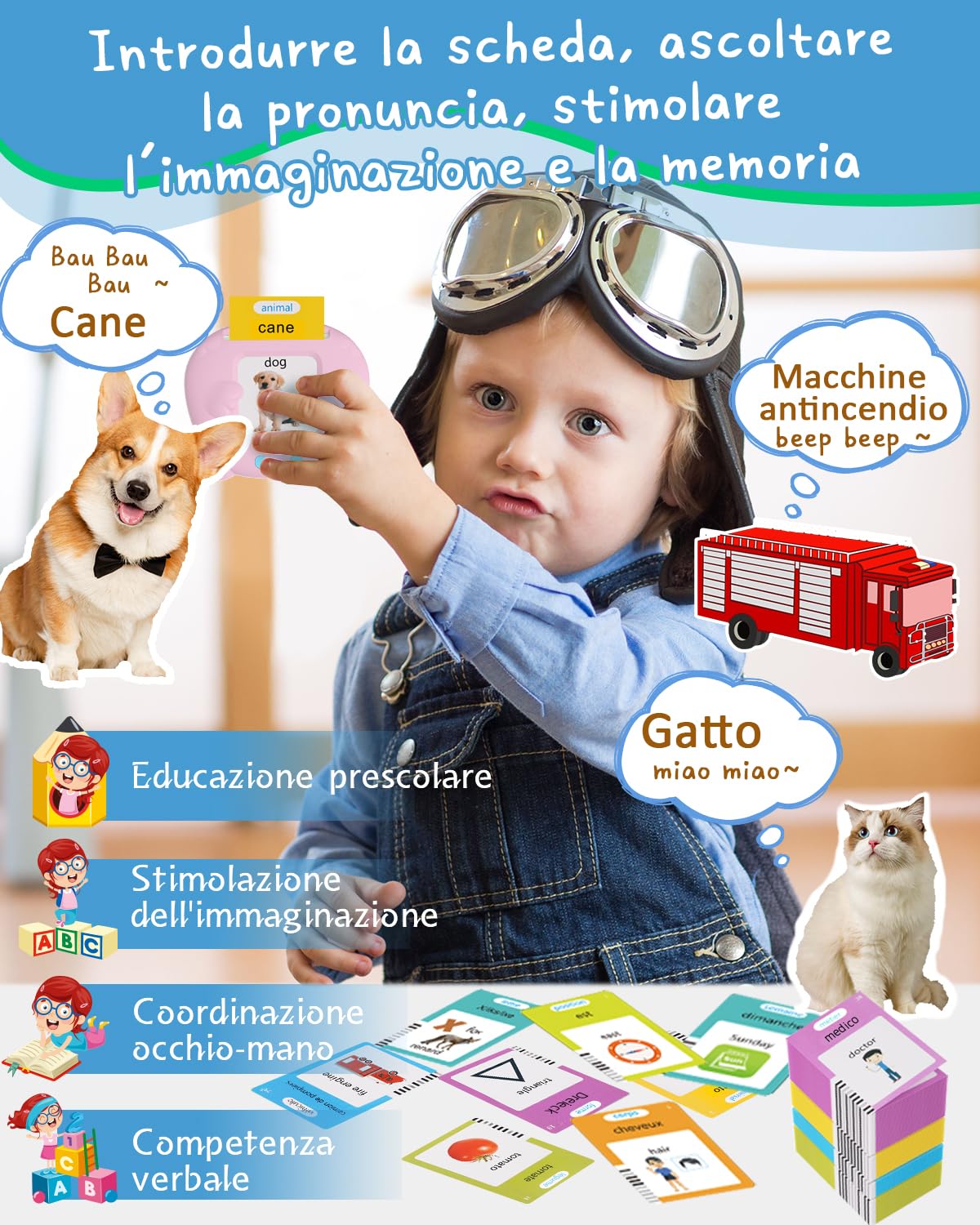 Winnrok Carte Parlanti Montessori Bilingue, Flashcards Bambini Italiano, Amico Vocabolo Gioco, Giochi Montessori Bambini 2 Anni, Imparare Parlare Numero Animali, Regalo di Natale, Autismo Rosa