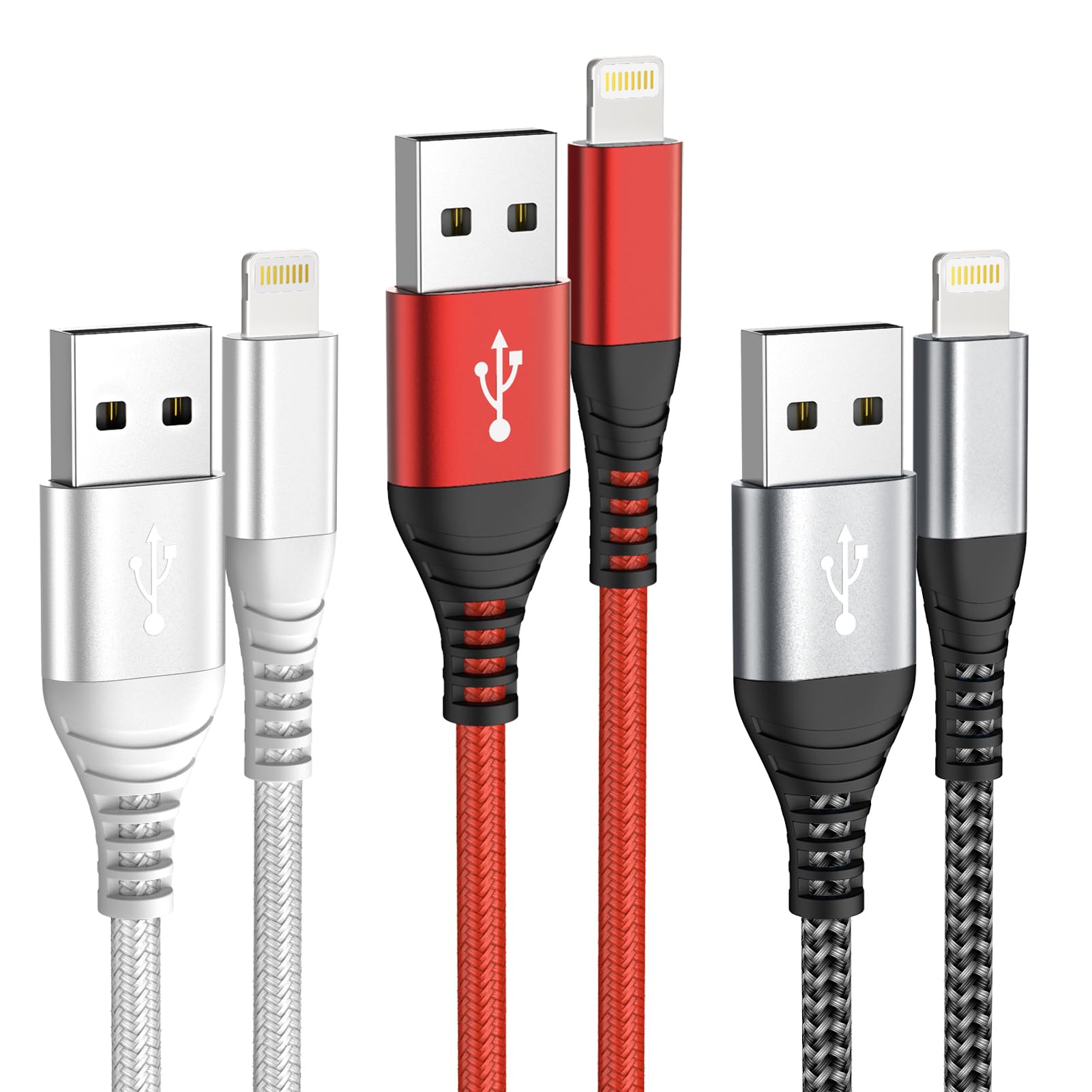 IDISON Kabel ładujący do iPhone 2 m, 3 sztuki, kabel USB lightning certyfikat MFi, nylonowy pleciony kabel do ładowania Apple do iPhone 14, 13, 12, 11 Pro/Pro Max/Mini, XR XS Max X, 8, 7, 6, 6s Plus