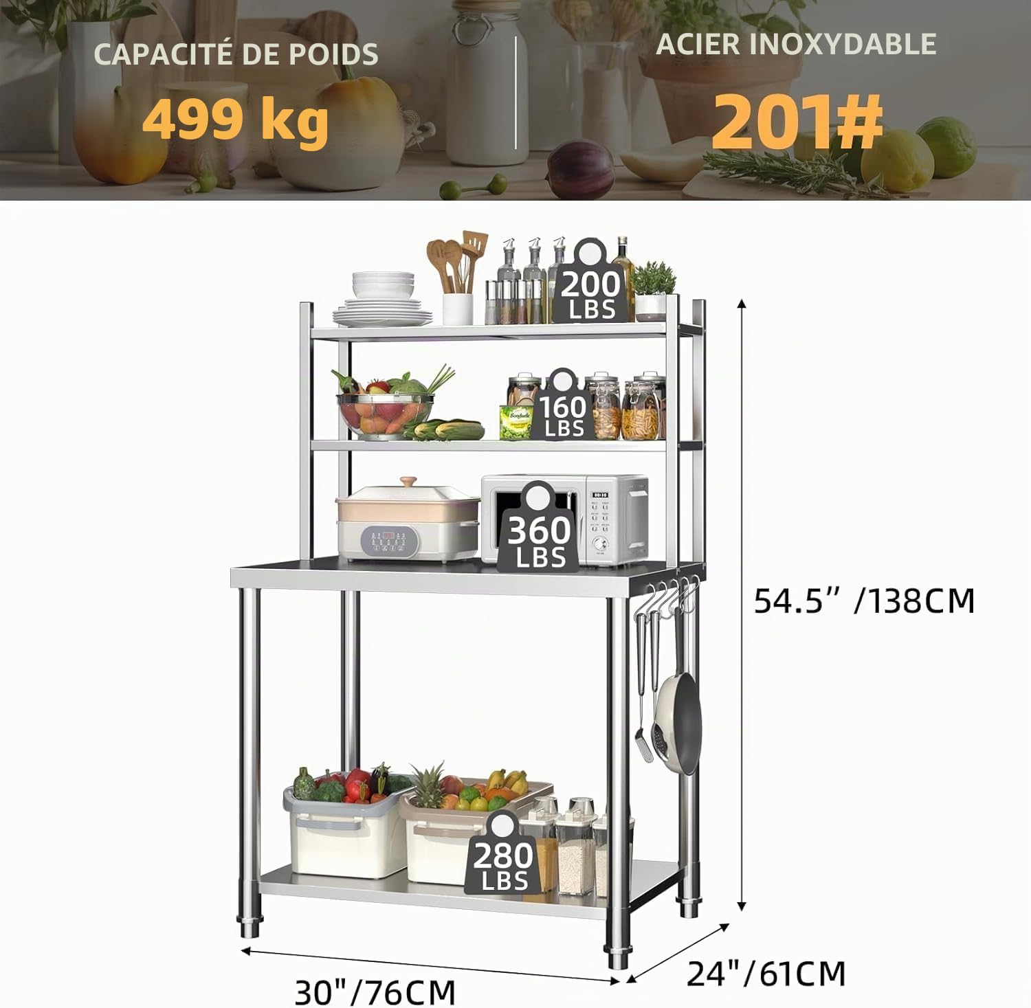 YODOLLA Table INOX Professionnel|Table Cuisine avec Rangement|Ch.450KG | 120x60x145cm Table de Travail Inox avec Étagère sur 2 Niveaux| Meuble de Gastronomie Cuisine Rangement Garage Cave