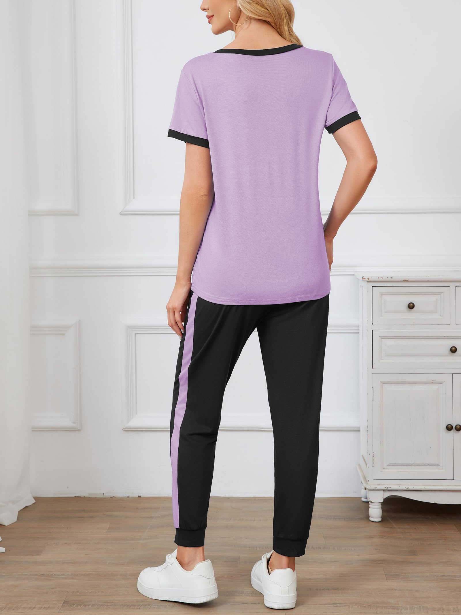 Famulily Survêtement d'été 2 pièces à col en V pour femme avec haut à manches courtes et pantalon de jogging à rayures, tailles S à XXL