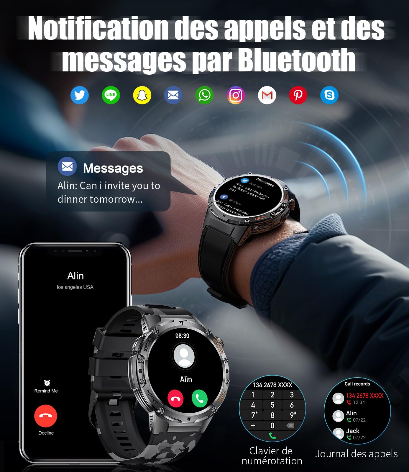 Montre Connectée Homme 1,43'' AMOLED Fitness Tracker Appel Bluetooth Android iOS Sommeil Fréquence Cardiaque Podomètre 5ATM étanche Smartwatch 2 Bracelets