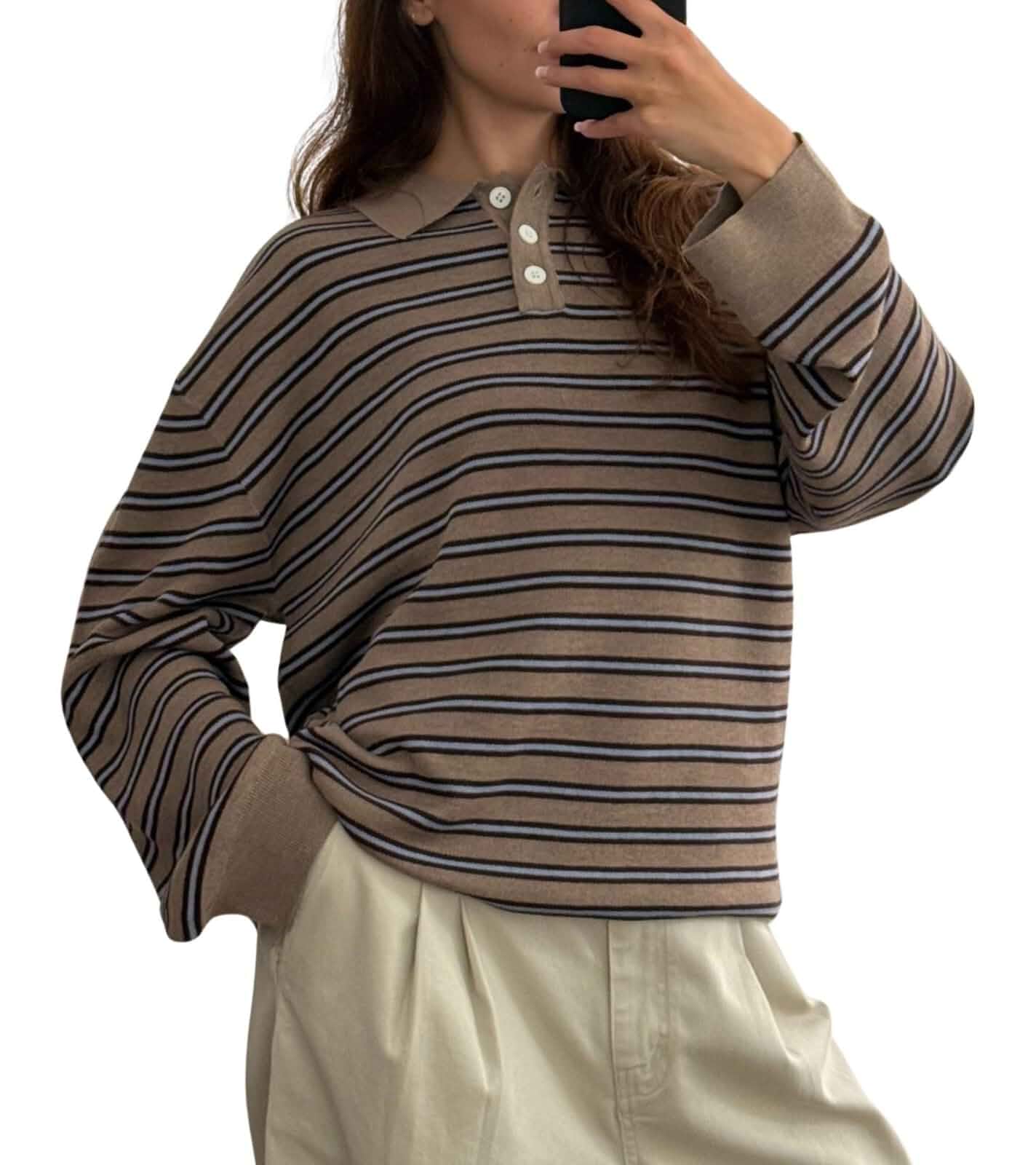 Argeousgor Women Y2k Striped Rugby Shirt Vintage Long Sleeve Collared Shirt Preppy Polo Sweatshirt Jersey Girls Streetwear Long Sleeve