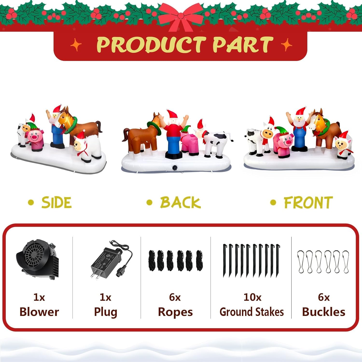 8FT Length Christmas Inflatable Santa Farm Scene Outdoor Decoration, Blow Up Xmas Santa with Horse Cow Pig and Sheep Decor Built-in LEDs for Farm Yard Garden Indoor Outdoor and Holiday Party