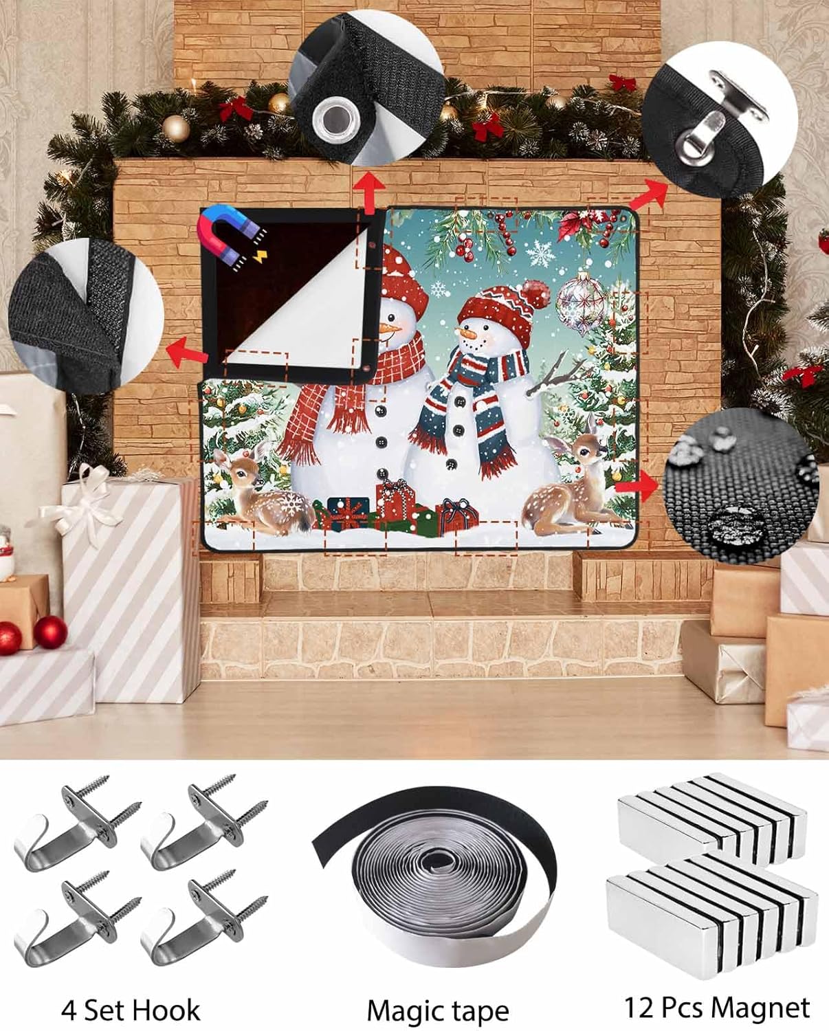 Christmas Snowman Snowflake Fireplace Screen Magnetic Fireplace Cover Fireplace Draft Cover Christmas Fireplace Screens,Save Energy Stops Heat Loss, Winter Poinsettia Xmas Balls Tree Turquoise 36"x27"