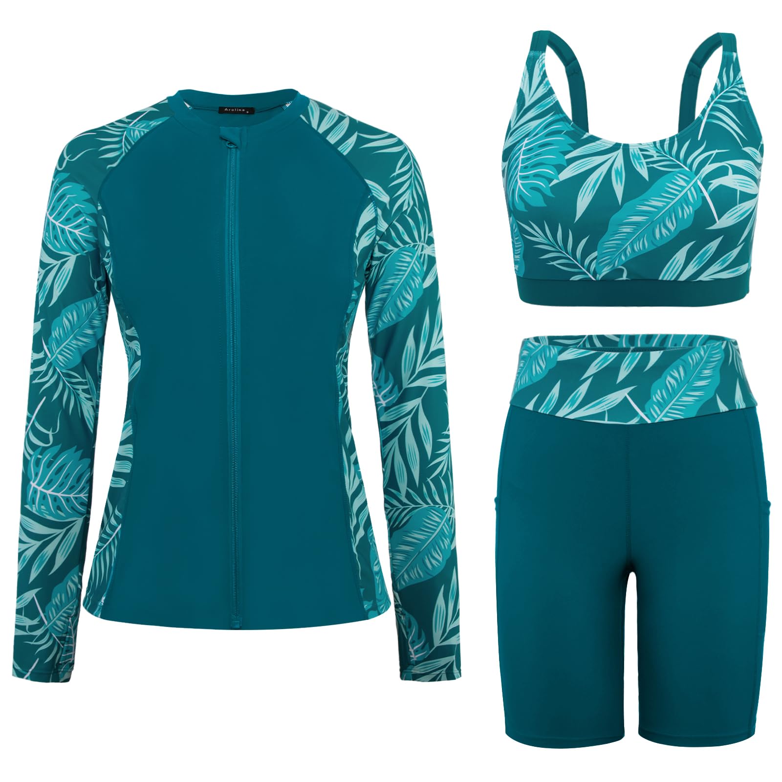 View 1 of [Only Long Sleeve] Arolina Women's Piece Rash Guard Set with Swim Shorts - Malachite Green