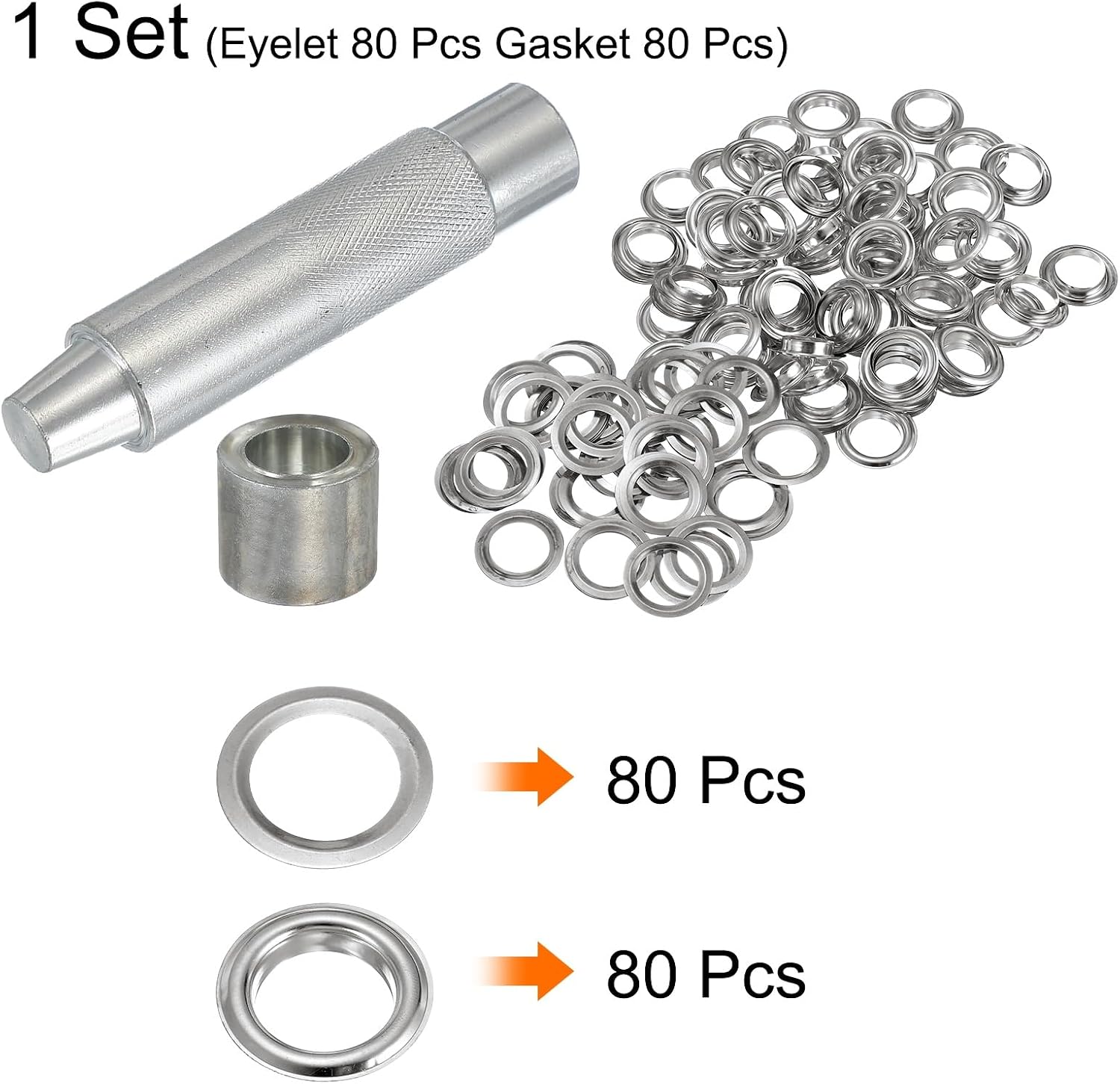 HARFINGTON 80Set Grommets Eyelets 17mm Copper Eyelets Kit with Washers & Setting Tool for Fabric Curtain Tarps Leather Belt Shoes Bag DIY, Silver