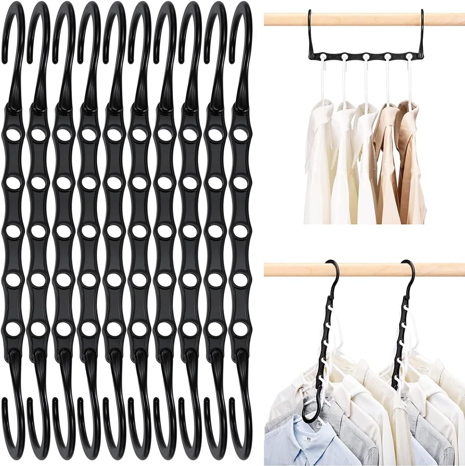 Black Magic Space Saving Hangers, Premium Smart Hanger Hooks, Sturdy Cascading Hangers with 5 Holes for Heavy Clothes, Closet Organizers and Storage, College Dorm Room Essentials 10 Pack