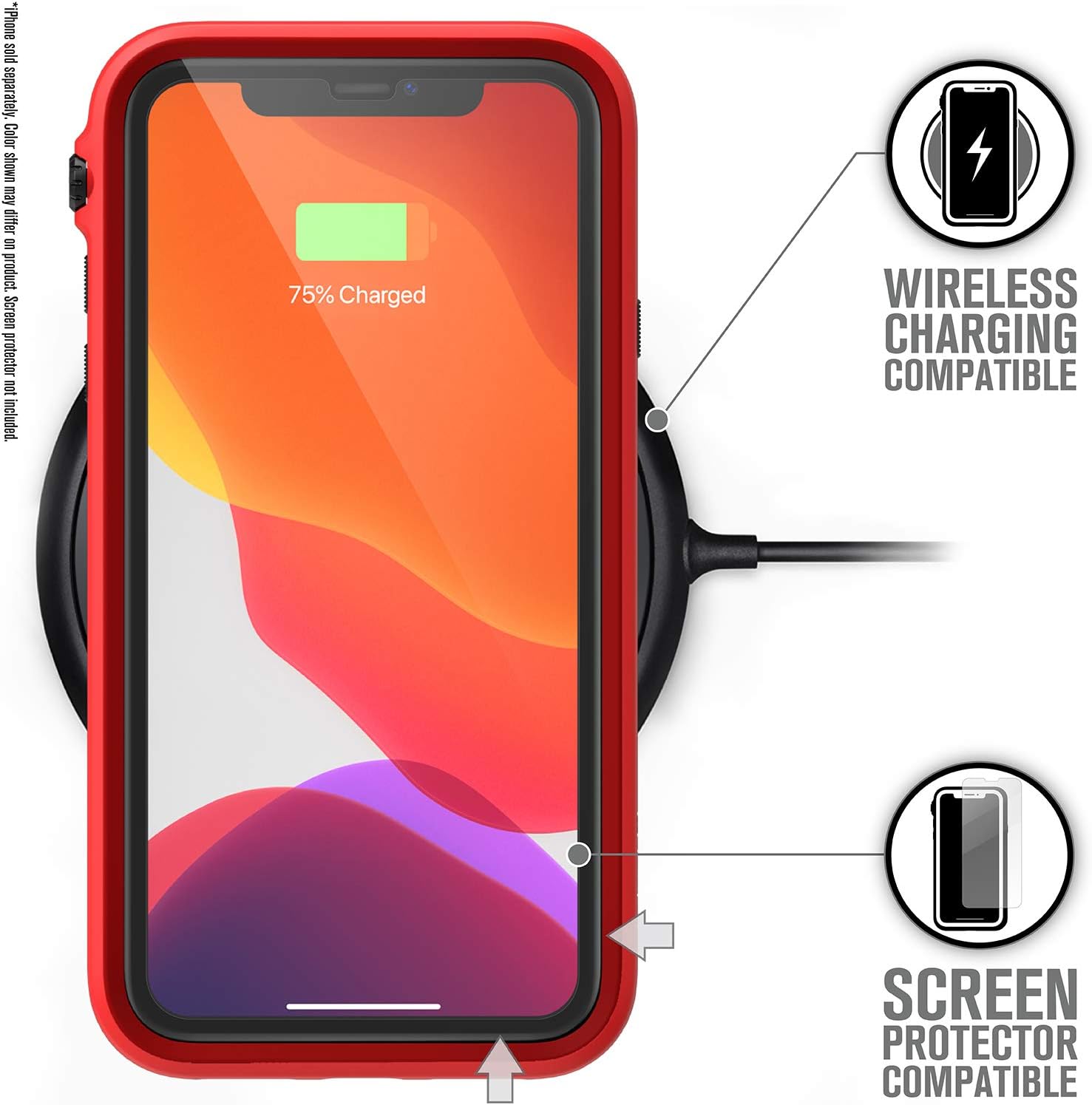 Catalyst - Case for iPhone 11 Case with Clear Back, Heavy Duty 10ft Drop Proof, Truss Cushioning System, Rotating Mute Switch Toggle, Compatible with Wireless Charging, Lanyard - Red