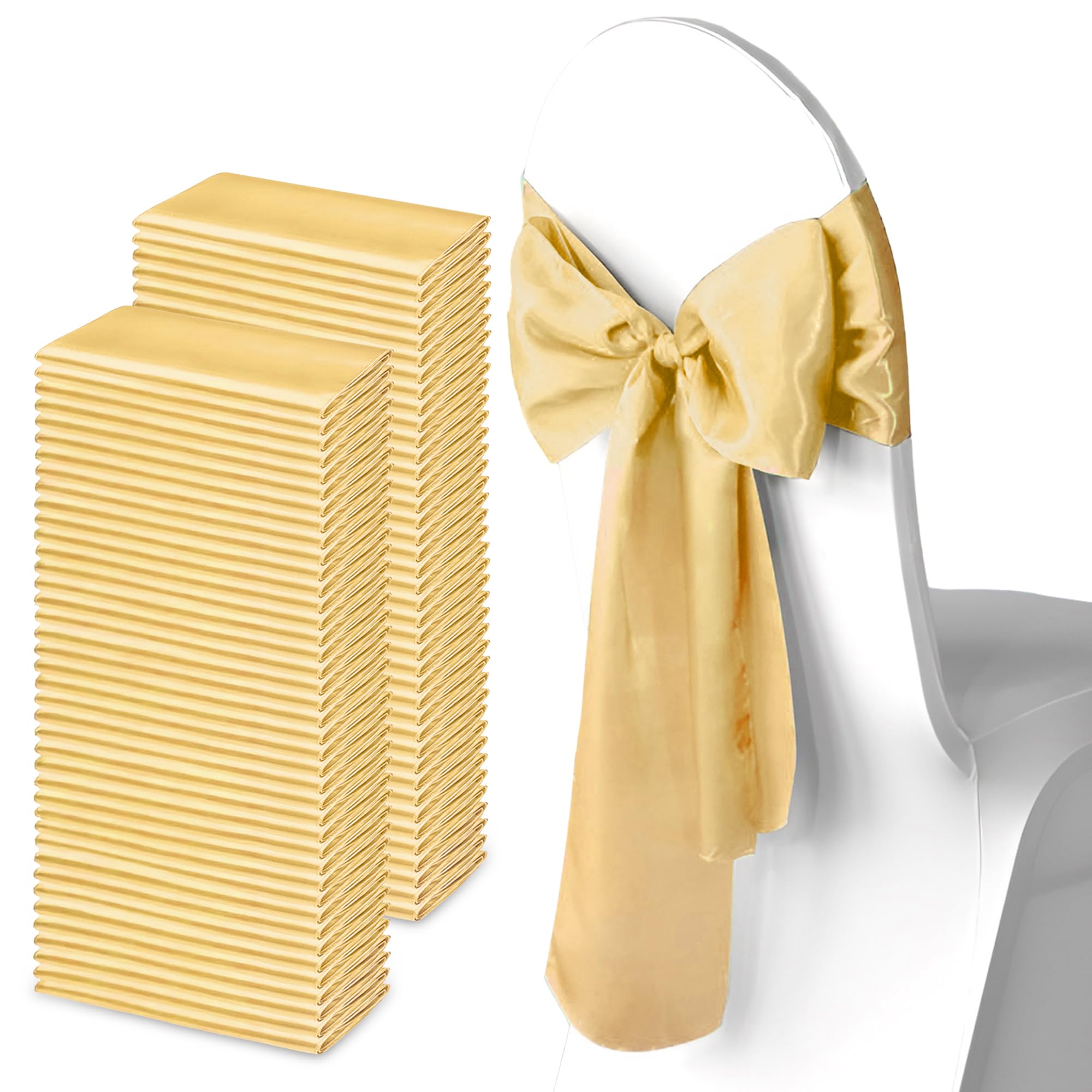 WedDecor Satynowa wstążka w kolorze szampańskiego złota pełniejsza kokarda na ślub urodziny zaręczyny przyjęcie przyjęcie bankietowe wydarzenie dekoracja krzesła do jadalni - 18 x 274 cm - 100 szt