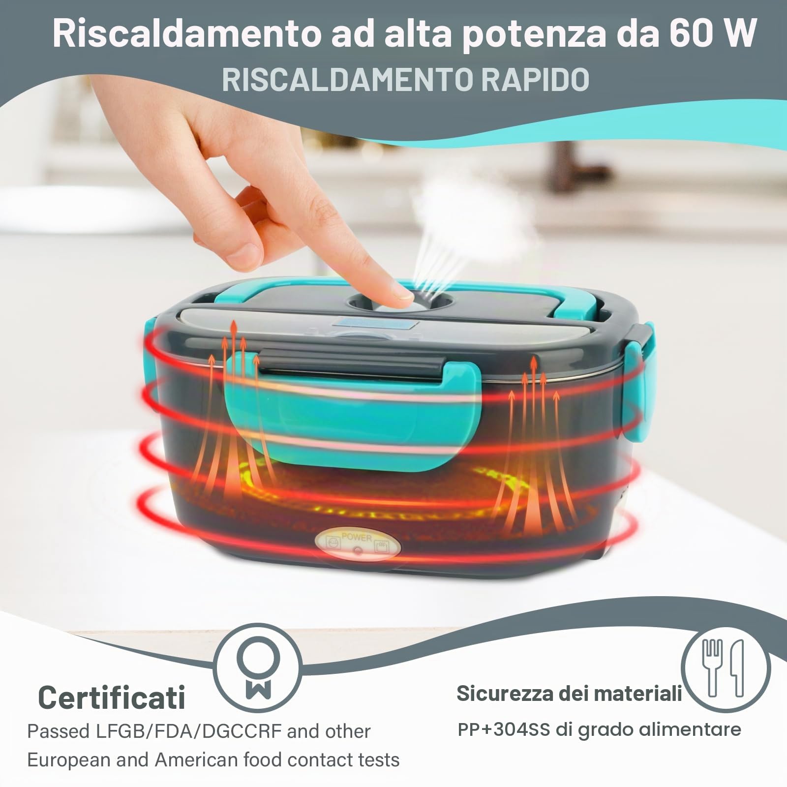 VMUTGA Scaldavivande Elettrico Portatile 60W 1,5L Porta Pranzo Riscaldabile 12V/24V/220V~240V Lunch Box Termico per Auto Camion e Ufficio