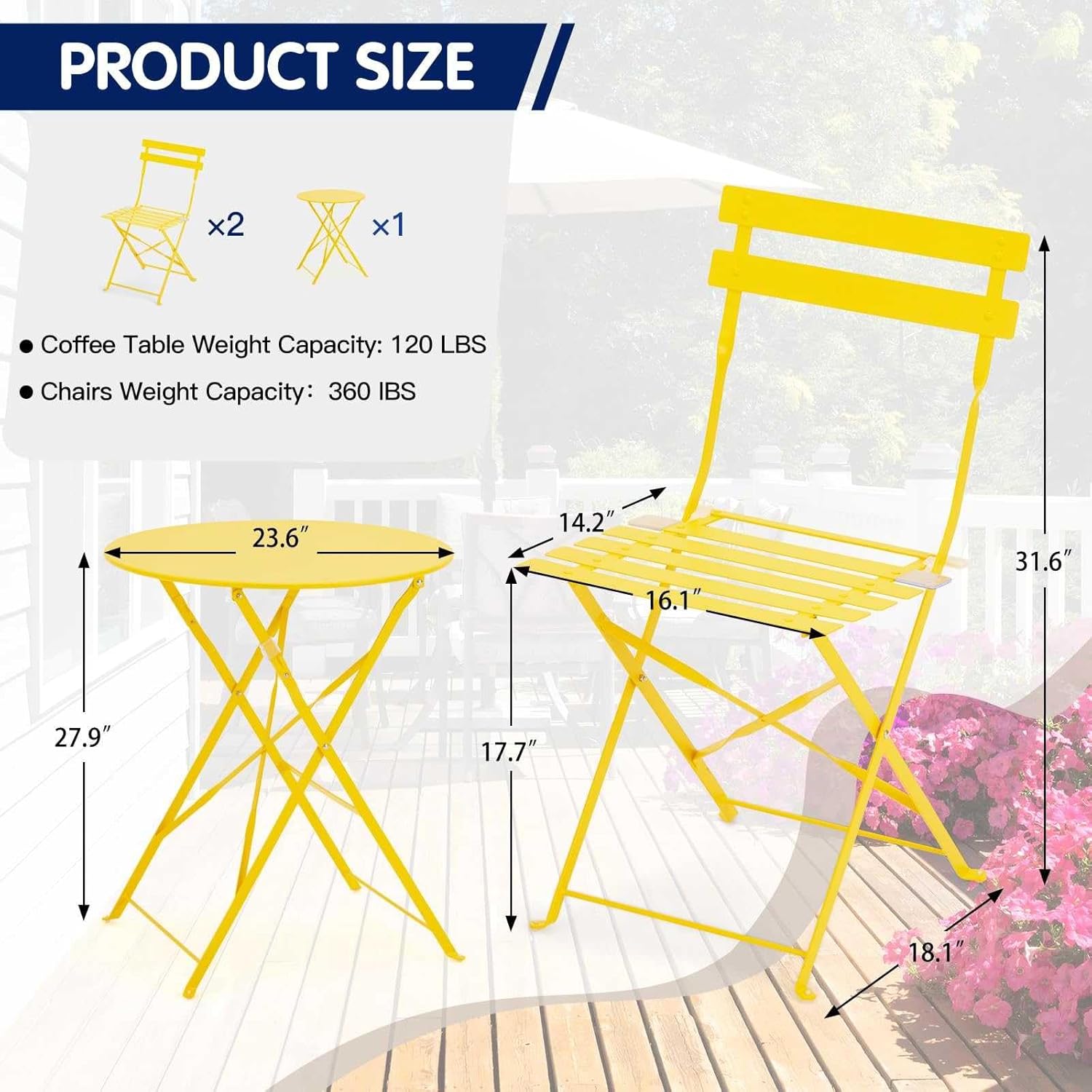 Outdoor Patio Bistro Set, Folding Bistro Table and Chairs Set, 3 Piece Folding Patio Furniture Set, Space Saving for Indoor Outdoor Porch Lawn Balcony Small Space