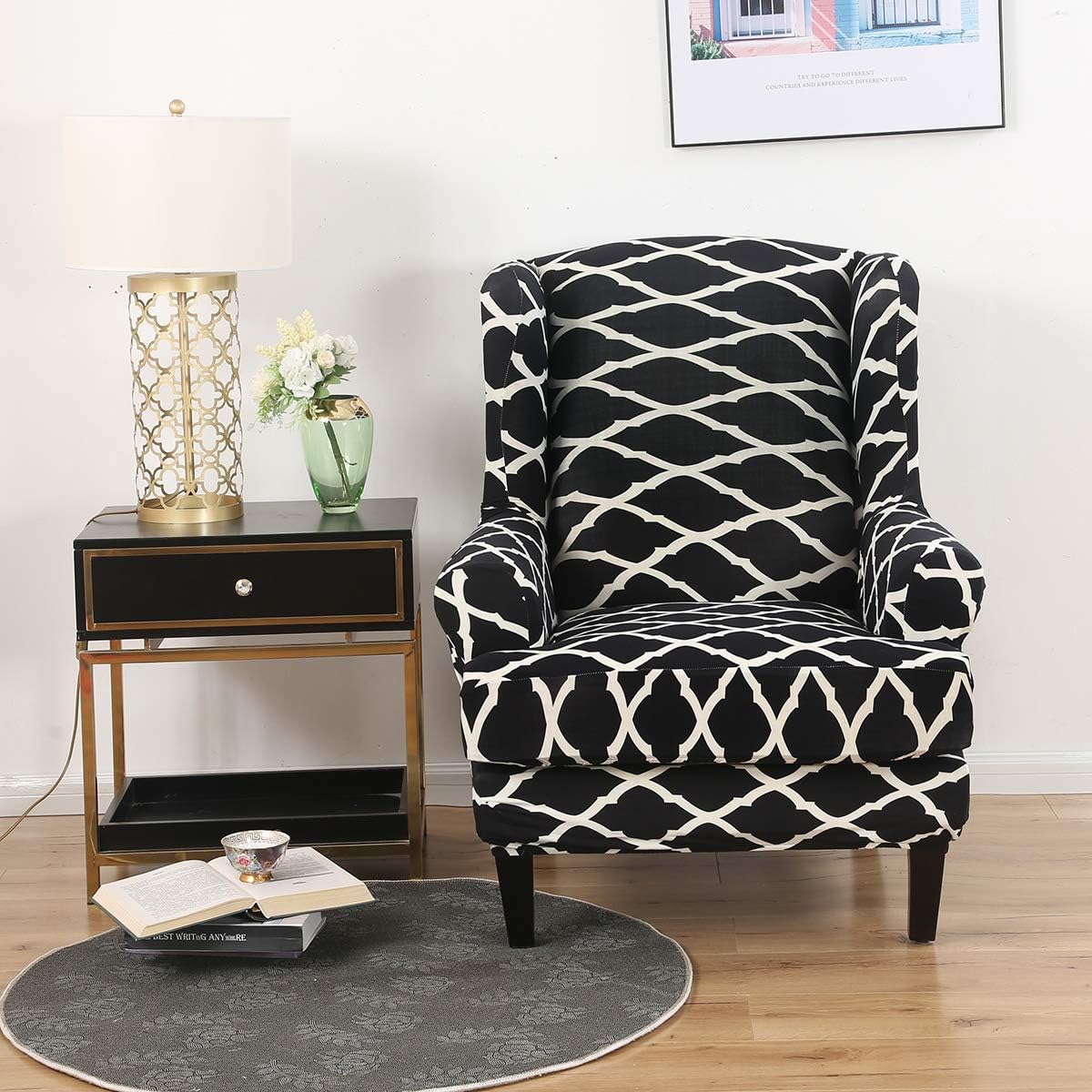 MIFXIN Wingback Chair Slipcovers 2-Piece Spandex Stretch Wingback Chair Covers with Cushion Cover Soft Washable Universal Armchair Furniture Protector for Living Room (White-Black)